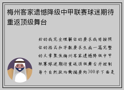 梅州客家遗憾降级中甲联赛球迷期待重返顶级舞台