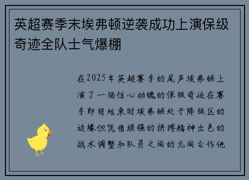 英超赛季末埃弗顿逆袭成功上演保级奇迹全队士气爆棚